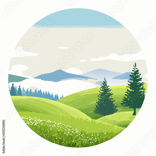 abstract spring landscape with green hills and fog, vector illustration