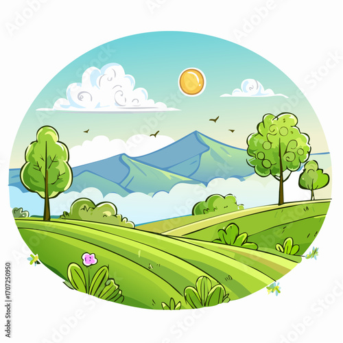 abstract spring landscape with green hills and fog, vector illustration