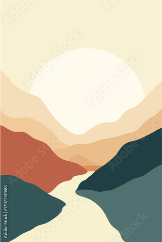 Abstract mountain valley landscape with sunrise – minimalist nature background illustration