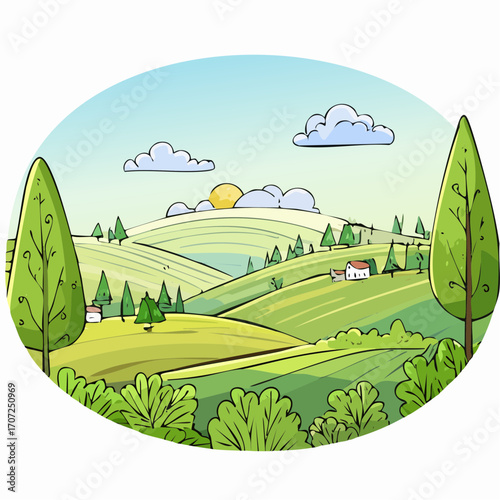 abstract spring landscape with green hills and fog, vector illustration
