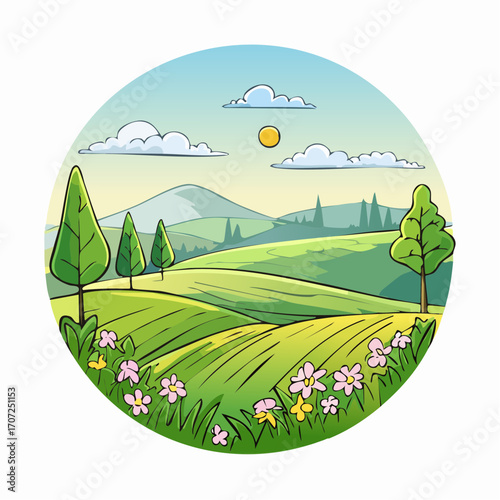 abstract spring landscape with green hills and fog, vector illustration
