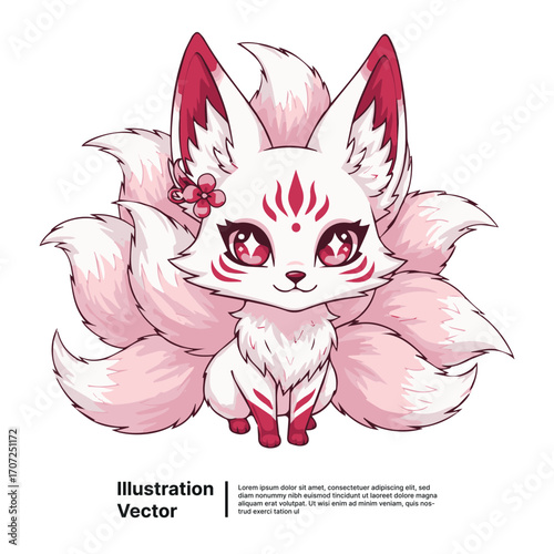 Adorable Nine-Tailed Fox Kitsune Anime Illustration