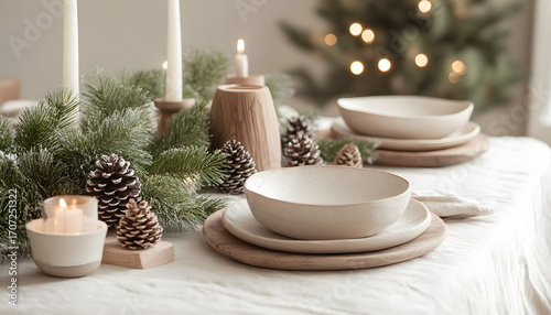 Christmas table decor in neutral tones, natural linen tablecloth, white ceramic plates, wooden candle holders, greenery and pinecones centerpiece, elegant eco-friendly styling Scandinavian winter