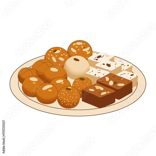A festive platter of assorted traditional Indian sweets like laddu and barfi, a delicious treat for the happy diwali celebration