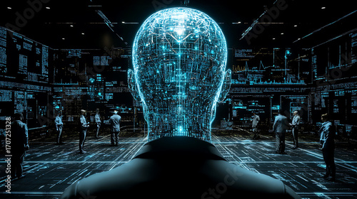 Digital human head projection in a high-tech control room with people observing data displays