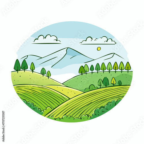 abstract spring landscape with green hills and fog, vector illustration