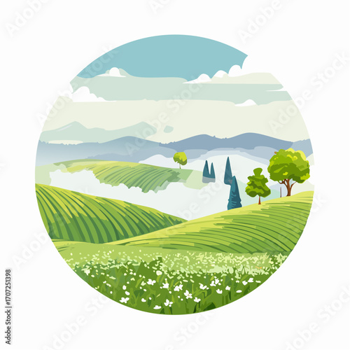 abstract spring landscape with green hills and fog, vector illustration