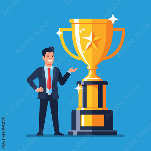 Successful Businessman Proudly Presents a Giant Golden Trophy Award.