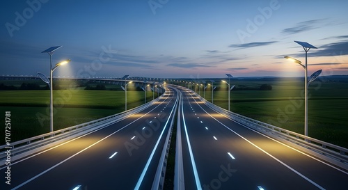 Expansive Modern Highway Illuminated by Solar-Powered Streetlights at Twilight, Stretching Through Rural Landscape Towards a Horizon of Progress and Connectivity