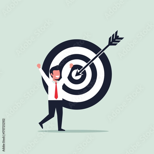 Successful Businessman Celebrating Hitting the Target Bullseye.