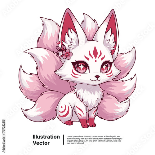 Enchanting pink and white Kitsune spirit, a cute mythical creature illustration concept with vibrant details