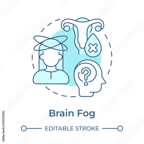 Brain fog soft blue concept icon. Difficulty concentrating, forgetfulness, mental fatigue. Menopause symptom. Round shape line illustration. Abstract idea. Graphic design. Easy to use in blog post
