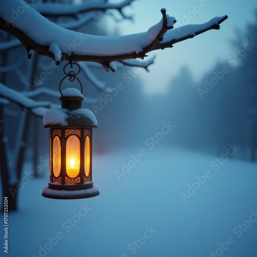 Candle lantern hanging from snow-laden tree branch, warm against cold blue fog