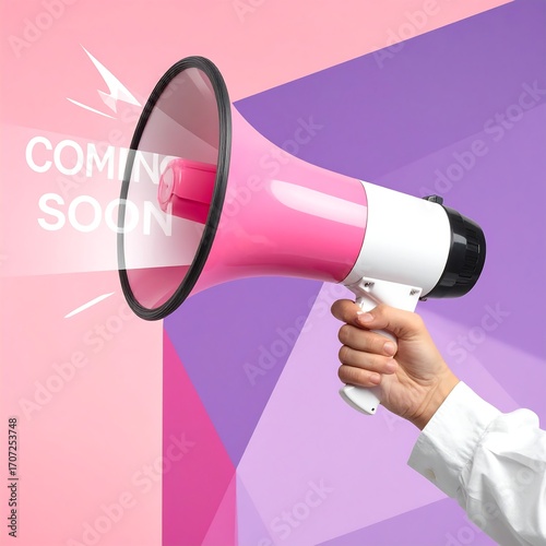 Pink megaphone announcing something coming soon