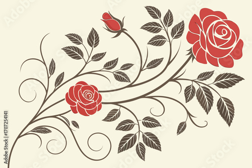 Rose wallpaper with blooming red flowers on vintage beige background. Elegant mural with leaves and vines. Retro floral illustration for home decor.