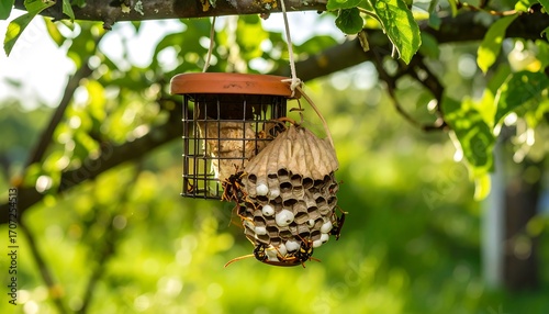 Wasps' nests hanging from tree branches