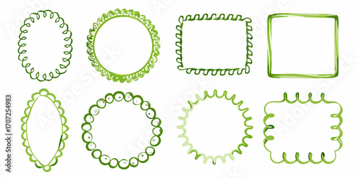 Collection of eight decorative green hand drawn frames and borders in various shapes and styles