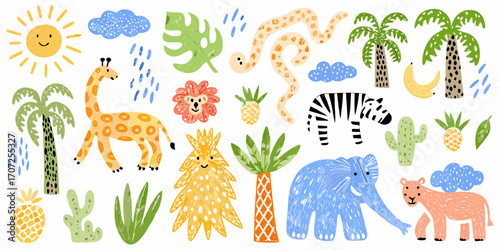 Collection of cute hand drawn safari animals and tropical elements with sun and clouds