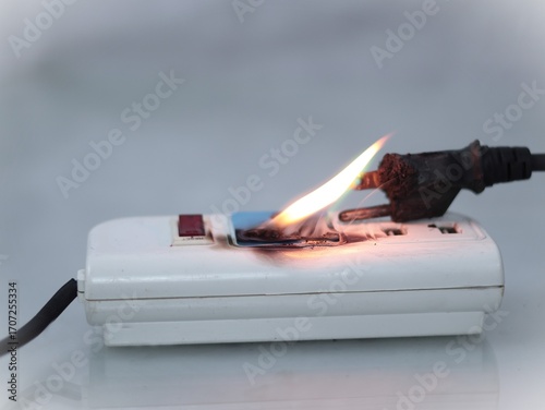 Fotografi The image depicts an electrical fire originating from an overloaded or faulty power strip and plug