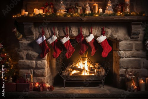 Christmas stockings hanging on the cozy holiday fireplace