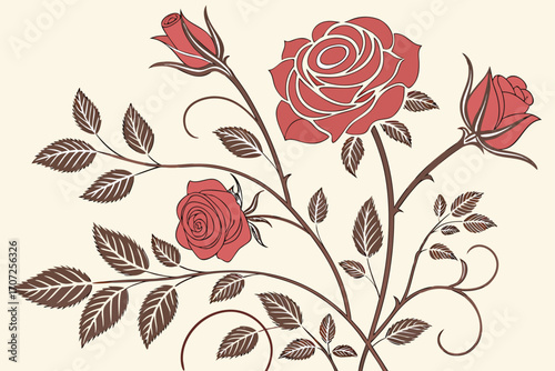 Rose wallpaper with blooming red flowers on vintage beige background. Elegant mural with leaves and vines. Retro floral illustration for home decor.