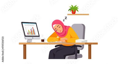 Tired Employee: An exhausted employee, adorned in a headscarf, finds solace in a moment of slumber, their weariness palpable as they rest on their desk.