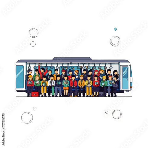 Illustration of a crowded train car with many passengers inside.