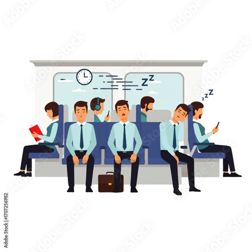 People commuting on public transport, some sleeping and using technology.