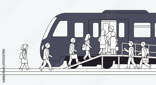 Illustration of people boarding a train using a ramp, with a minimalist style.