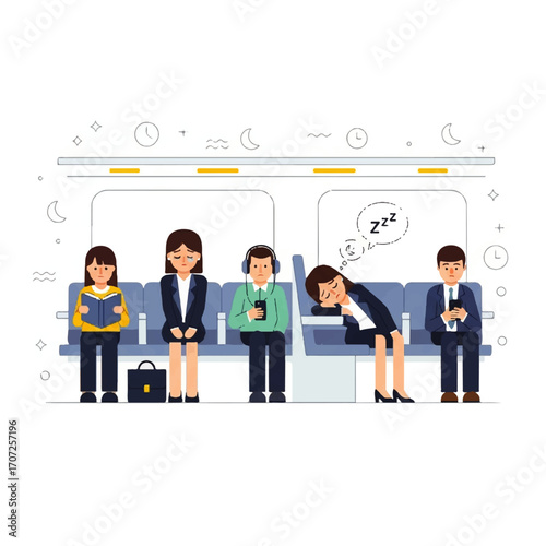 People commuting on public transport, some reading, some sleeping, some using phones.
