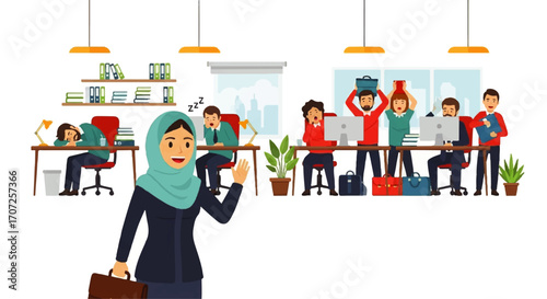 Office scene with woman in hijab leaving, colleagues working or stressed.