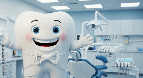 Smiling Friendly White Tooth Character with Blue Eyes in Modern Dental Clinic