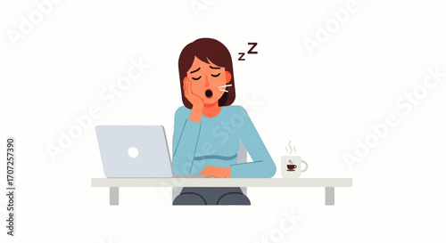Woman yawning at desk with laptop and coffee, feeling tired.
