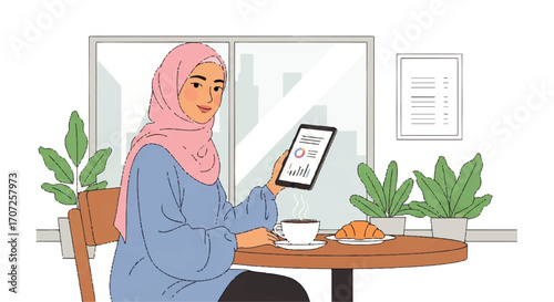 Woman in hijab using tablet at cafe with coffee and croissant.