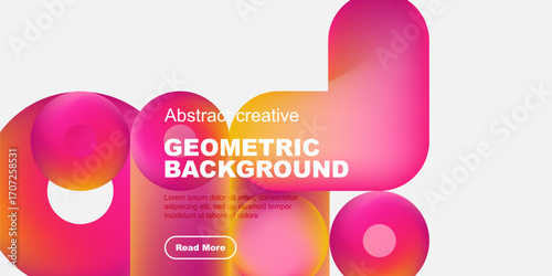 Vibrant geometric shapes overlap, creating dynamic abstract background. Text details present below, with call to action button.