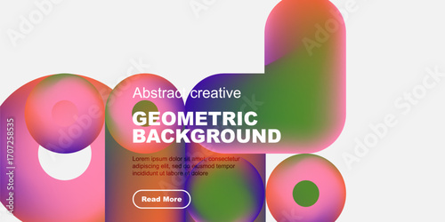 Vibrant geometric shapes overlap, creating colorful background. Text promotes further exploration, simple design.