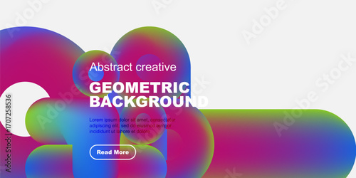 Abstract geometric design features vibrant colorful shapes, text, button. Modern style suitable for banners, presentations.