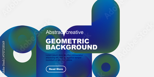 Abstract geometric background features vibrant blue, purple gradients. Text overlay includes title, sample text, button. Minimalist design.