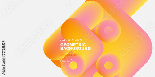 Vibrant abstract shapes overlap. Orange, yellow, pink hues create dynamic composition. Text reads geometric background. Button says read more.