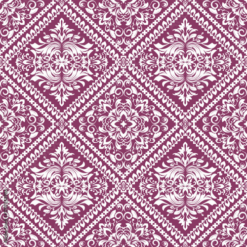 Plum and White Diamond Damask Seamless Pattern: An intricate and elegant vintage vector design, perfect for sophisticated home decor, fashion, and luxury packaging.