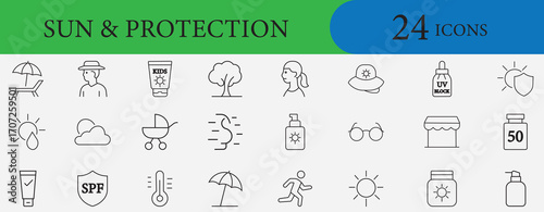 SPF, sunscreen, UV protection, sunblock icons set for skincare, beauty, summer, beach, travel, safety, wellness, cosmetic and bodycare