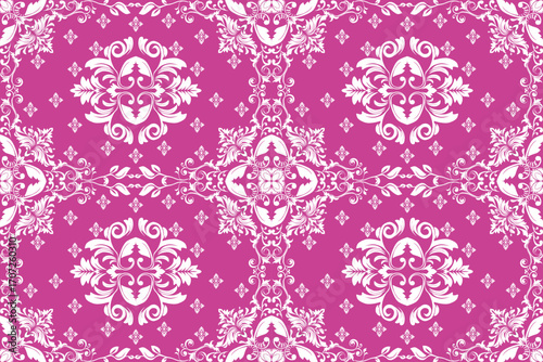 Modern Fuchsia and White Damask Seamless Pattern: A stylish and elegant vintage ornate vector design, perfect for home decor, fashion, and feminine branding.