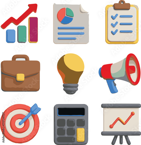 This business and finance icon set includes a variety of symbols, such as charts, money, and documents, for web and print designs