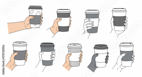 A collection of handdrawn illustrations showing various hands holding disposable togo coffee cups.
