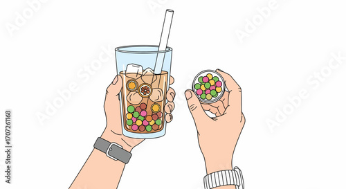 A persons hands holding a glass of iced tea with colorful boba pearls and a container of toppings.