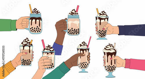 Colorful Hands Holding Various Boba Tea Drinks.