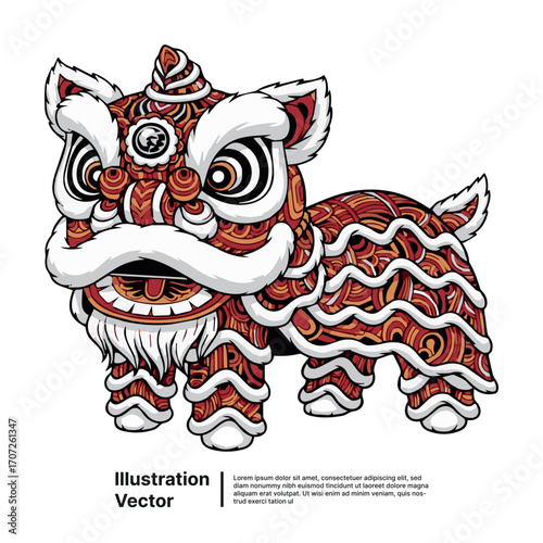 Detailed vector art of a traditional red Chinese Lion for cultural festivals and celebrations