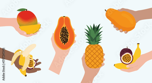 Colorful Tropical Fruits Held in Various Human Hands.