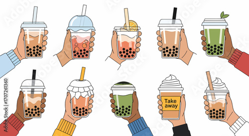 Collection of Hands Holding Various Bubble Teas.