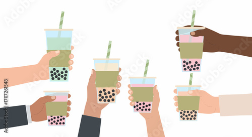 Diverse hands holding colorful bubble tea drinks with tapioca pearls.